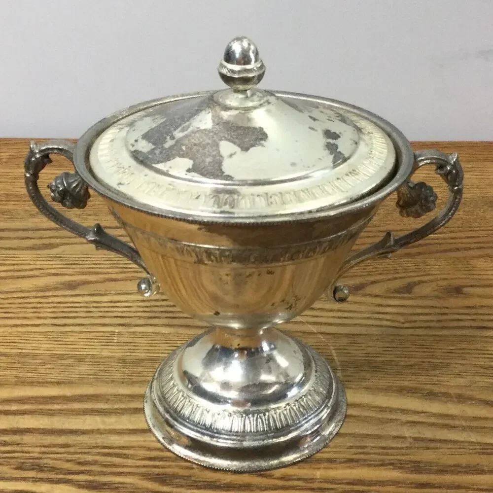 Vintage Bologna Silverplate Sugar Bowl w/ Lid Handles Italy Made Confetti Door